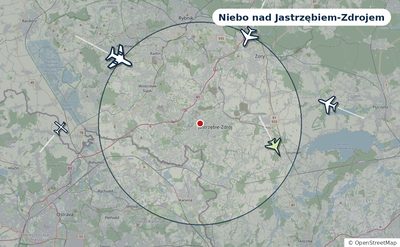 Mapa okolic miasta z sylwetkami samolotów — Niebo nad Jastrzębiem-Zdrojem na żywo