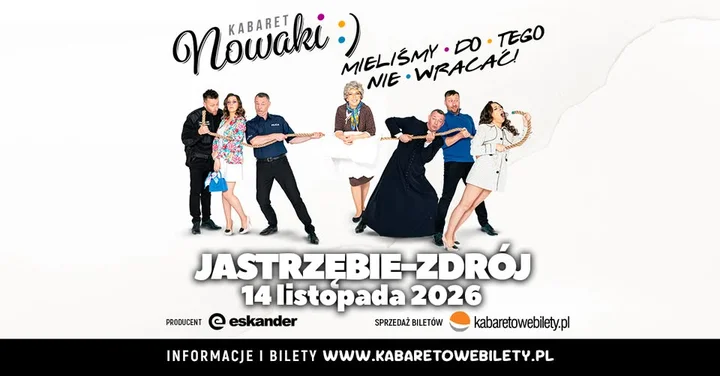 Obrazek przedstawia grafikę promocyjną wydarzenia Kabaret Nowaki w Jastrzębiu-Zdroju — spektakl 14 listopada 2026