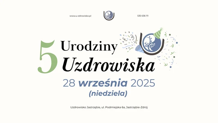 Obrazek przedstawia grafikę promocyjną wydarzenia Urodzinowy dzień z zajęciami, wykładami i jarmarkiem w Uzdrowisku