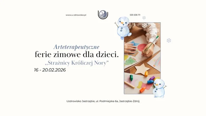Grafika promocyjna wydarzenia Strażnicy Króliczej Nory — arteterapeutyczne ferie zimowe dla dzieci 6–13 lat