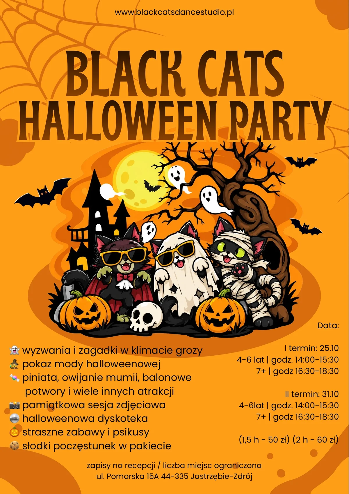 Grafika promocyjna wydarzenia Black Cats Halloween Party: nocna zabawa
