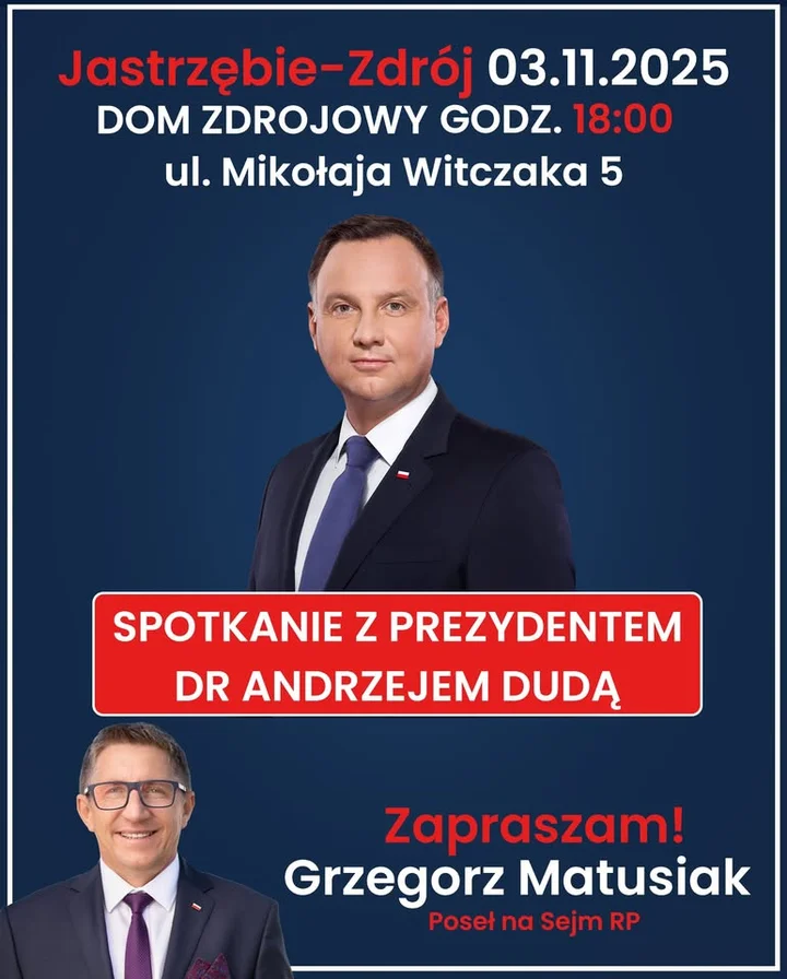 Grafika promocyjna wydarzenia Dr Andrzej Duda w Jastrzębiu‑Zdroju — spotkanie 3 listopada 2025