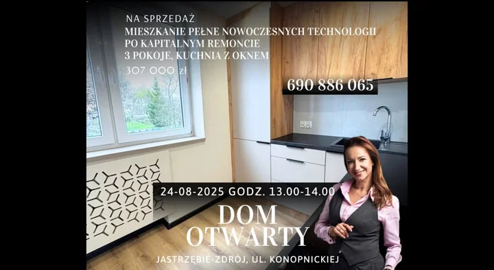 Obrazek przedstawia grafikę promocyjną wydarzenia Dzień Otwarty mieszkania po kapitalnym remoncie na ul. Konopnickiej w Jastrzębiu-Zdroju