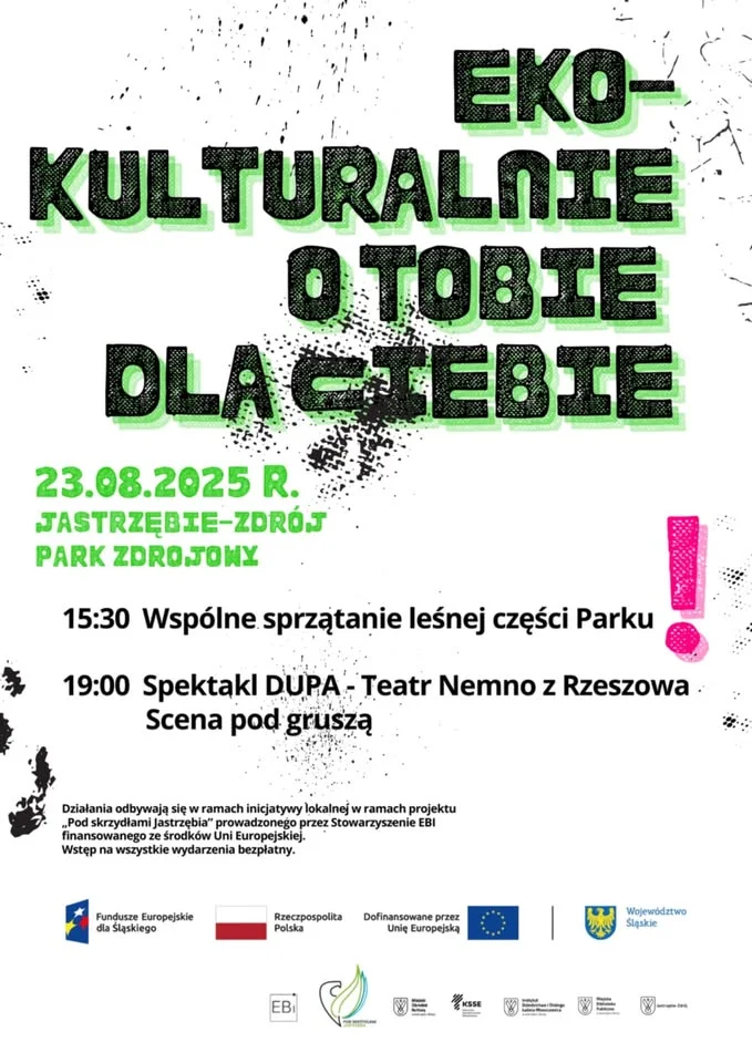 Obrazek przedstawia grafikę promocyjną wydarzenia Sprzątanie Parku Zdrojowego i plenerowy spektakl teatralny w Jastrzębiu-Zdroju