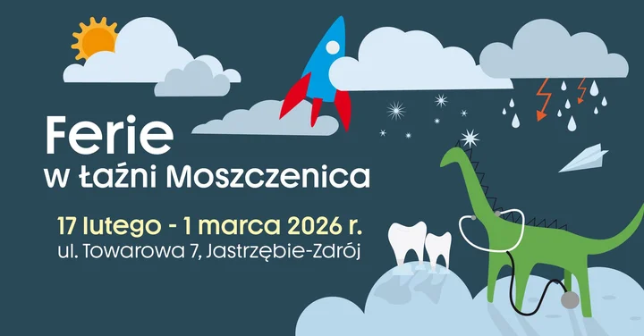Grafika promocyjna wydarzenia Ferie w Łaźni Moszczenica 2026 – warsztaty, symulatory i escape roomy dla dzieci