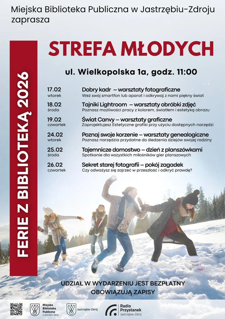 Grafika promocyjna wydarzenia Ferie w Strefie Młodych — warsztaty, gry i pokój zagadek na ferie