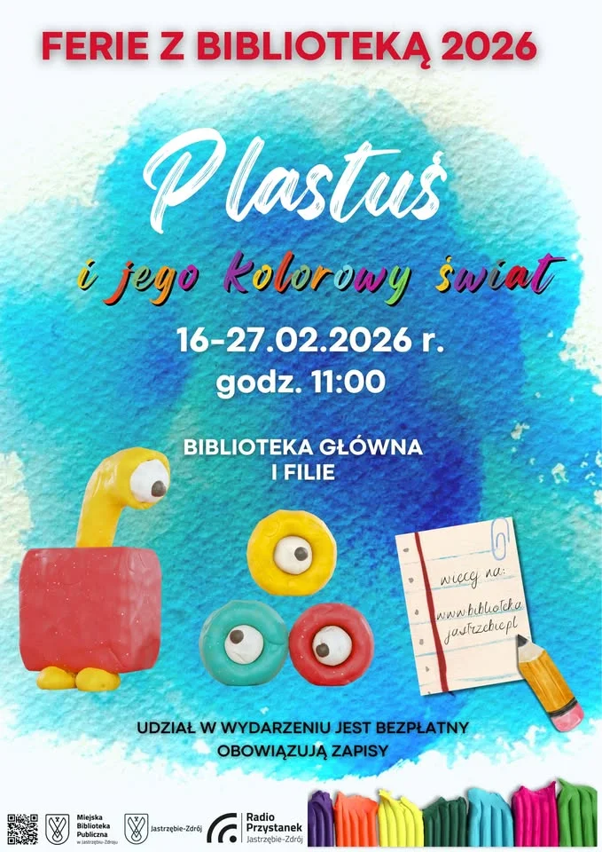 Grafika promocyjna wydarzenia FERIE Z BIBLIOTEKĄ: Plastuś i jego kolorowy świat