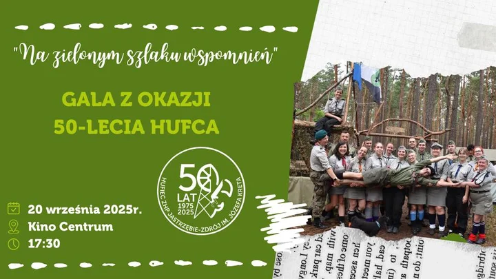 Obrazek przedstawia grafikę promocyjną wydarzenia Gala jubileuszowa 50-lecia Hufca ZHP Jastrzębie-Zdrój