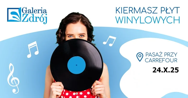 Obrazek przedstawia grafikę promocyjną wydarzenia Giełda płyt winylowych, CD i kaset w Galerii Zdrój