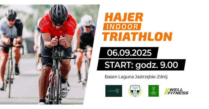 Obrazek przedstawia grafikę promocyjną wydarzenia Indoor triathlon w Jastrzębiu-Zdroju — sprint na pływalni, rowerze stacjonarnym i bieżni