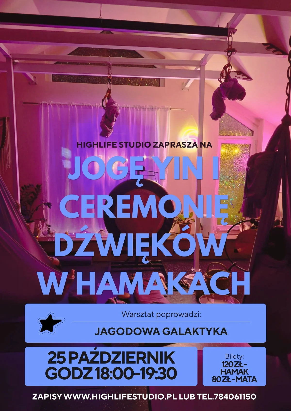 Grafika promocyjna wydarzenia Joga Yin i Ceremonia Dźwięków w hamakach – relaks w Jastrzębiu