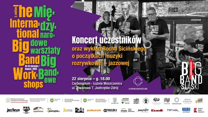 Obrazek przedstawia grafikę promocyjną wydarzenia Koncert młodych jazzmanów z Międzynarodowych Warsztatów Big Bandowych