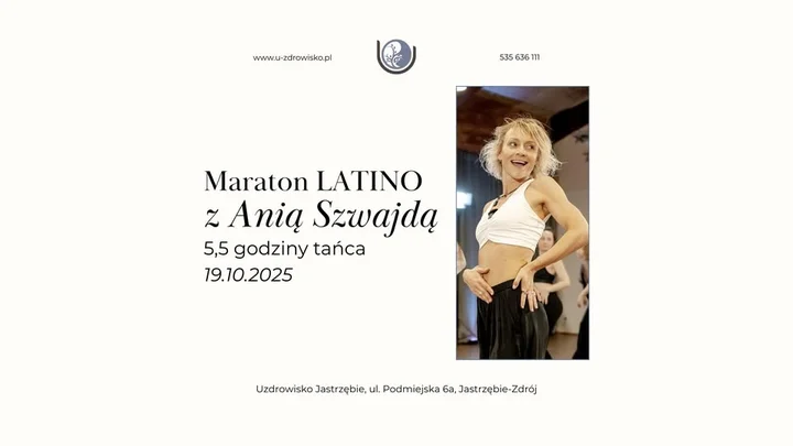 Obrazek przedstawia grafikę promocyjną wydarzenia Maraton tańca Latino Fusion z Anią Szwajdą — intensywne warsztaty taneczne