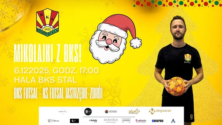 Grafika promocyjna wydarzenia Mikołajki z BKS Stal Futsal Bielsko-Biała – mecz z KS Futsal Jastrzębie-Zdrój