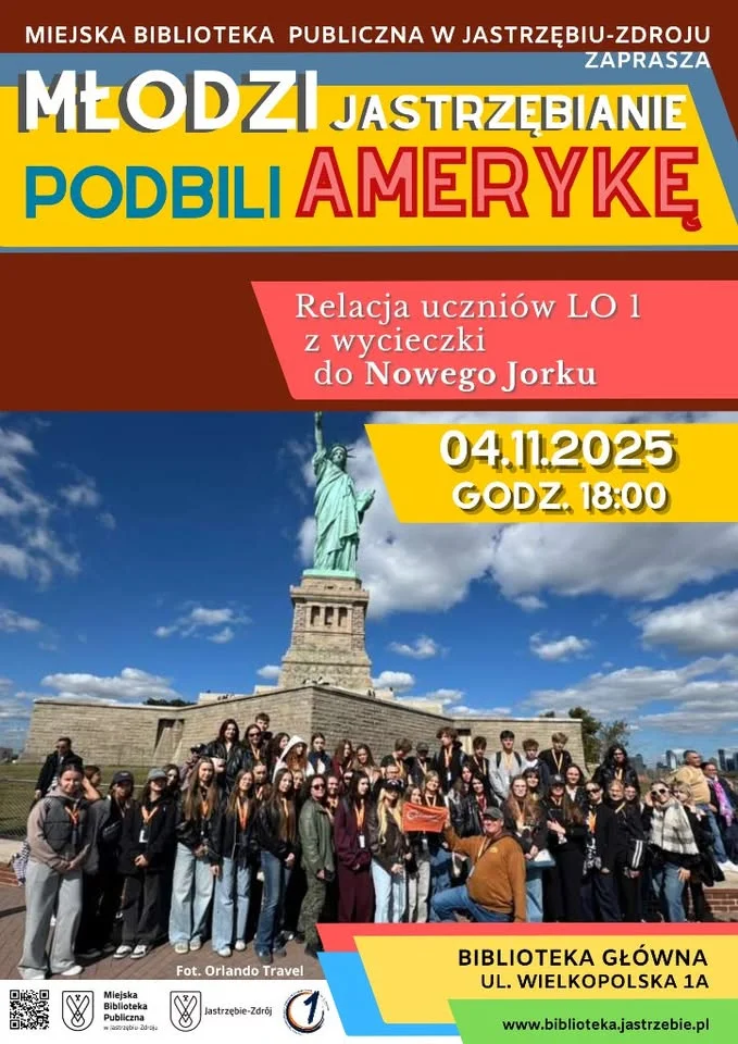 Grafika promocyjna wydarzenia MŁODZI JASTRZĘBIANIE PODBILI AMERYKĘ — spotkanie po wyprawie do Nowego Jorku