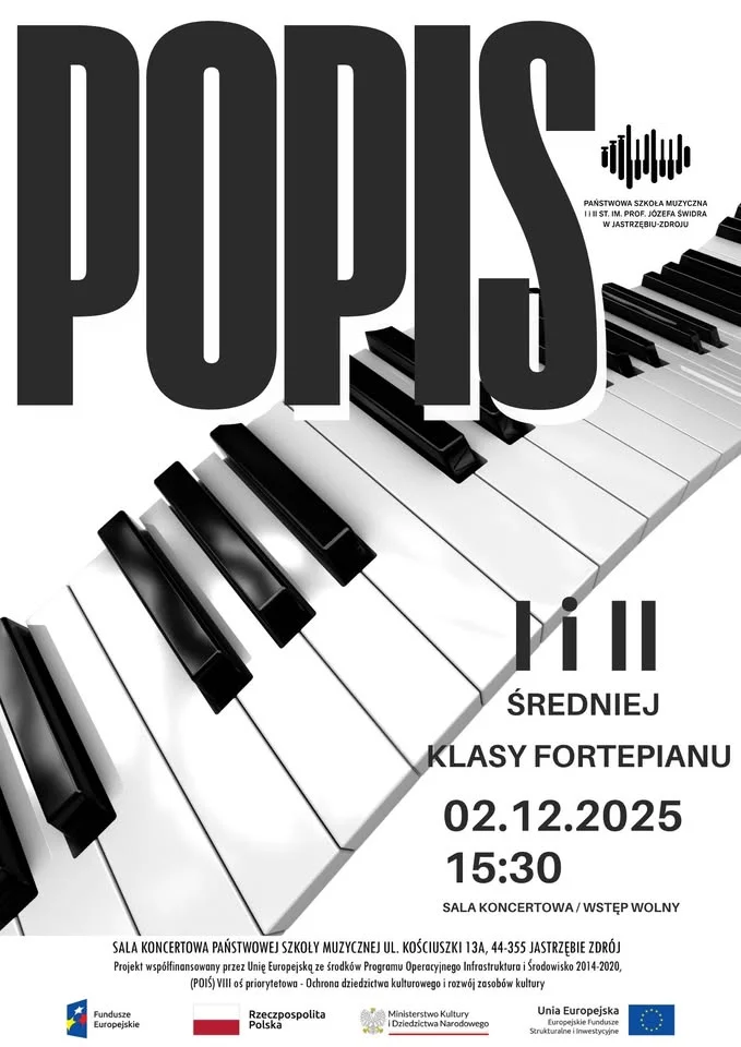 Grafika promocyjna wydarzenia Popis I i II klasy fortepianu PSM II st. — koncert uczniów szkoły muzycznej