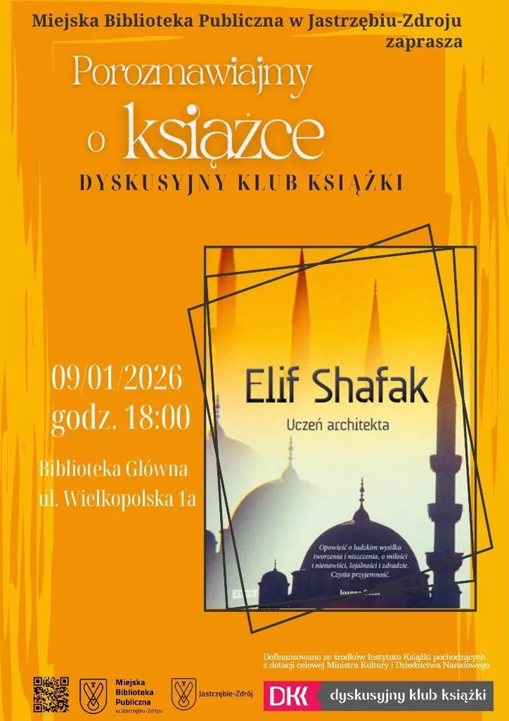 Grafika promocyjna wydarzenia POROZMAWIAJMY O KSIĄŻCE: dyskusja o Uczniu architekta Elif Shafak