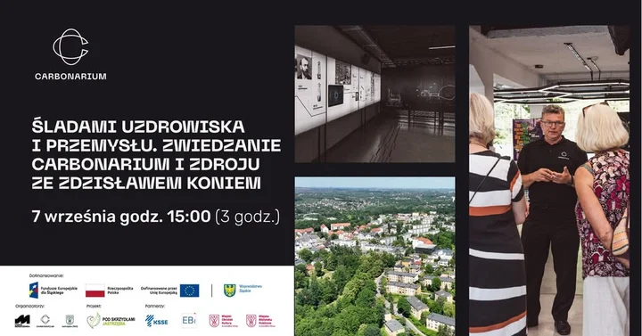 Obrazek przedstawia grafikę promocyjną wydarzenia Spacer historyczny po Carbonarium i Zdroju z przewodnikiem Zdzisławem Koniem