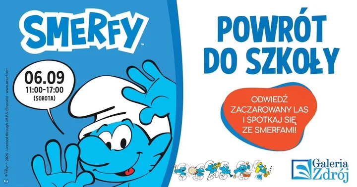 Obrazek przedstawia grafikę promocyjną wydarzenia Smerfowa zabawa dla dzieci w Galerii Zdrój