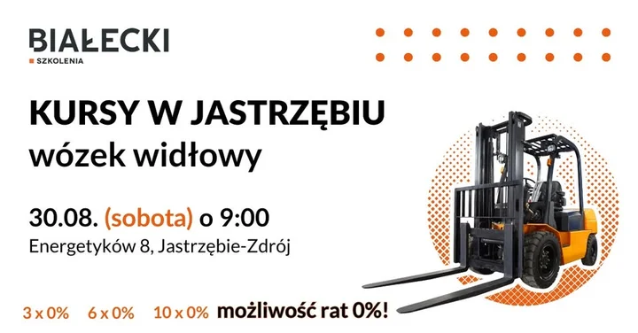 Obrazek przedstawia grafikę promocyjną wydarzenia Sobotni kurs na wózek widłowy w Jastrzębiu-Zdroju