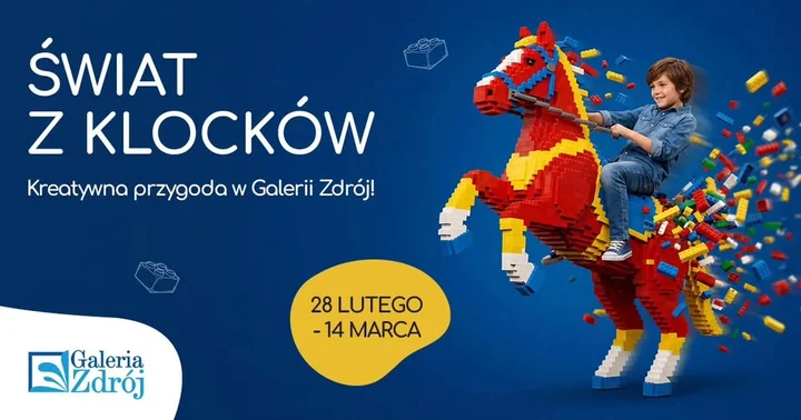Grafika promocyjna wydarzenia Świat z klocków w Galerii Zdrój — wystawa i warsztaty LEGO®