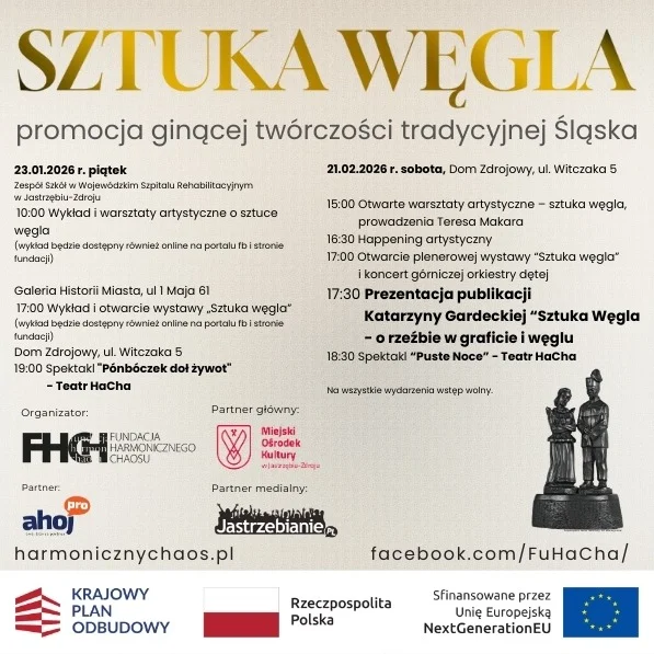 Grafika promocyjna wydarzenia Sztuka Węgla: Akt II — warsztaty, happening i wystawa w Jastrzębiu-Zdroju