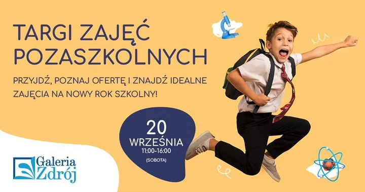 Obrazek przedstawia grafikę promocyjną wydarzenia Targi zajęć pozaszkolnych w Galerii Zdrój — oferta dla dzieci i młodzieży