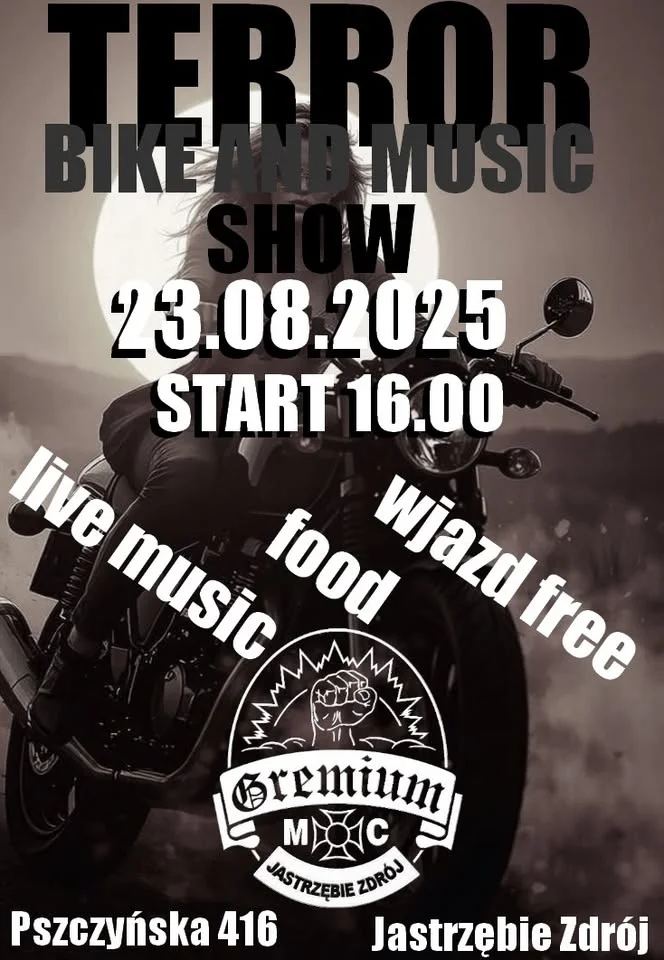 Obrazek przedstawia grafikę promocyjną wydarzenia Impreza muzyczno-rowerowa w Gremium MC Jastrzębie Zdrój