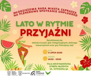 Grafika promocyjna wydarzenia Lato w rytmie przyjaźni w Parku Zdrojowym. Letnie spotkanie pełne muzyki i dobrej energii