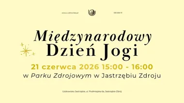 Grafika promocyjna wydarzenia Międzynarodowy Dzień Jogi w Parku Zdrojowym – spokojna praktyka na świeżym powietrzu