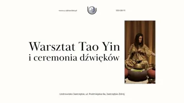 Grafika promocyjna wydarzenia Tao Yin i ceremonia dźwięków z Ashą — warsztat regeneracji w Jastrzębiu-Zdroju