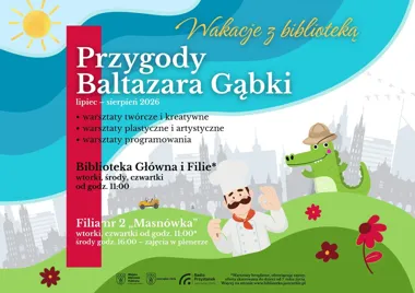 Grafika promocyjna wydarzenia Wakacje z Biblioteką 2026 – Przygody Baltazara Gąbki w Jastrzębiu-Zdroju