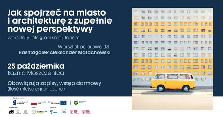 Obrazek przedstawia grafikę promocyjną wydarzenia Warsztaty fotografii smartfonem: miasto i architektura z nowej perspektywy