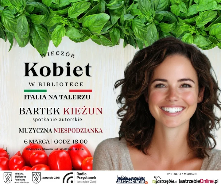 Grafika promocyjna wydarzenia Wieczór Kobiet w Bibliotece – Italia na talerzu: włoskie smaki i opowieści Bartka Kieżuna