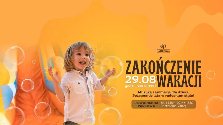 Obrazek przedstawia grafikę promocyjną wydarzenia Pożegnanie wakacji w Parkowej — rodzinne popołudnie w Jastrzębiu-Zdroju