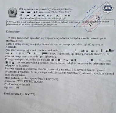 Po oszustwie na pracownika banku przyszła z podziękowaniami do komendy w Jastrzębiu-Zdroju